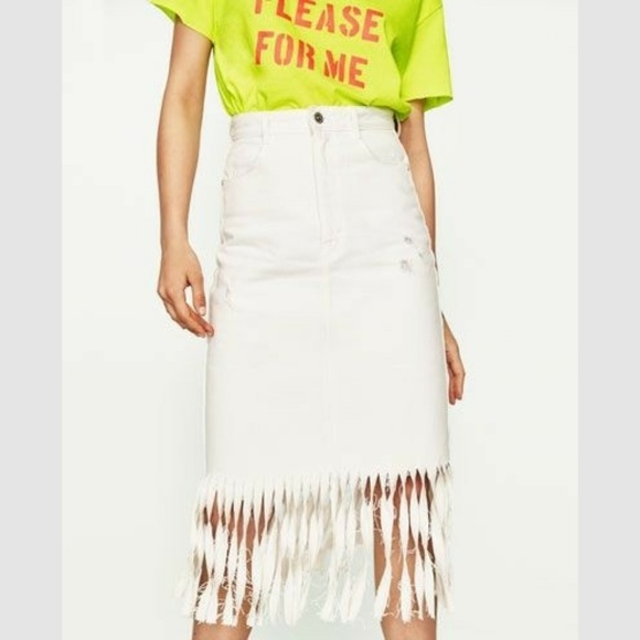 white denim midi pencil skirt